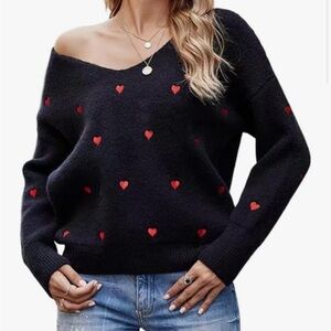 Black V-neck Sweater‎ with Embroidered Red Hearts